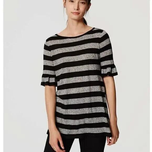 Ann Taylor LOFT Size Large Striped Ruffle Sleeve Top Black Gray Linen Blend - Picture 1 of 4
